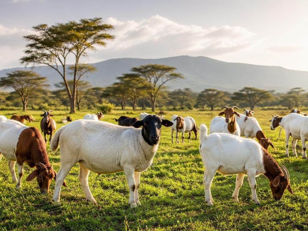 Dorper sheep and goats grazing on pasture