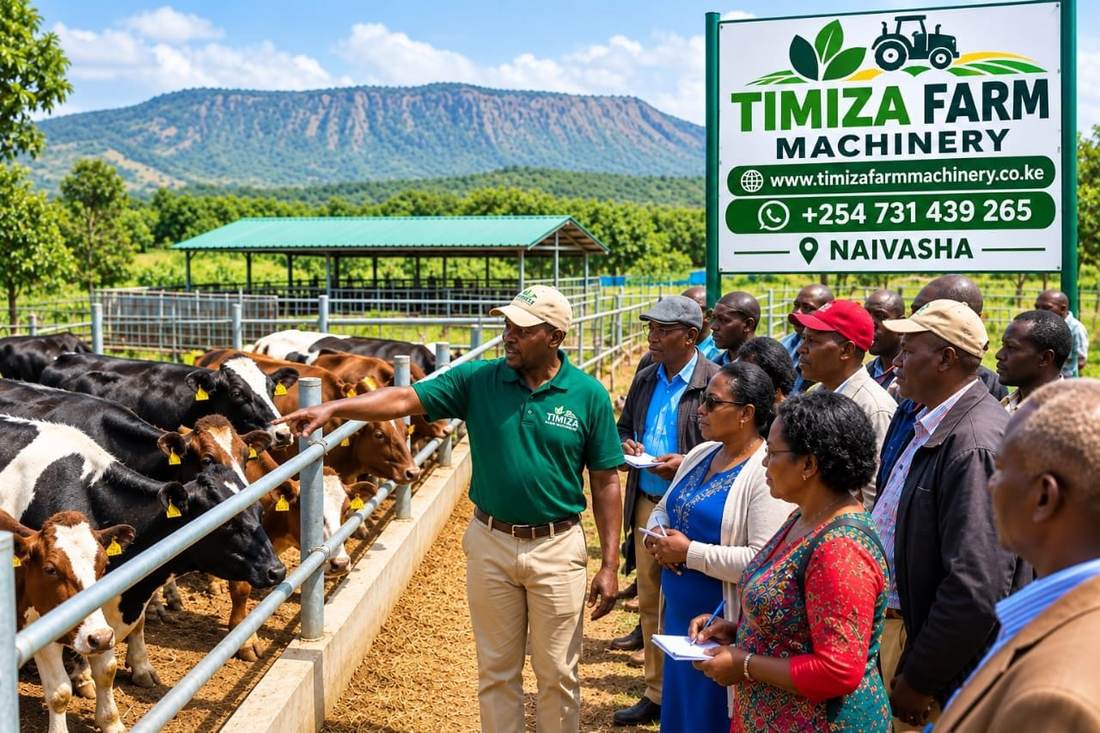 Timiza team member showing visitors the cattle pens